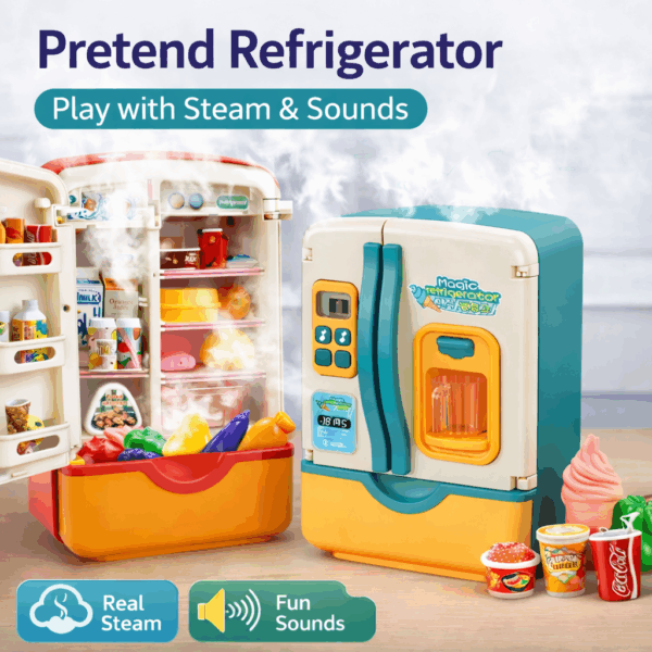 Magic Pretend Play Refrigerator Toy with Real Steam & Sounds – Interactive Kitchen Playset for Kids